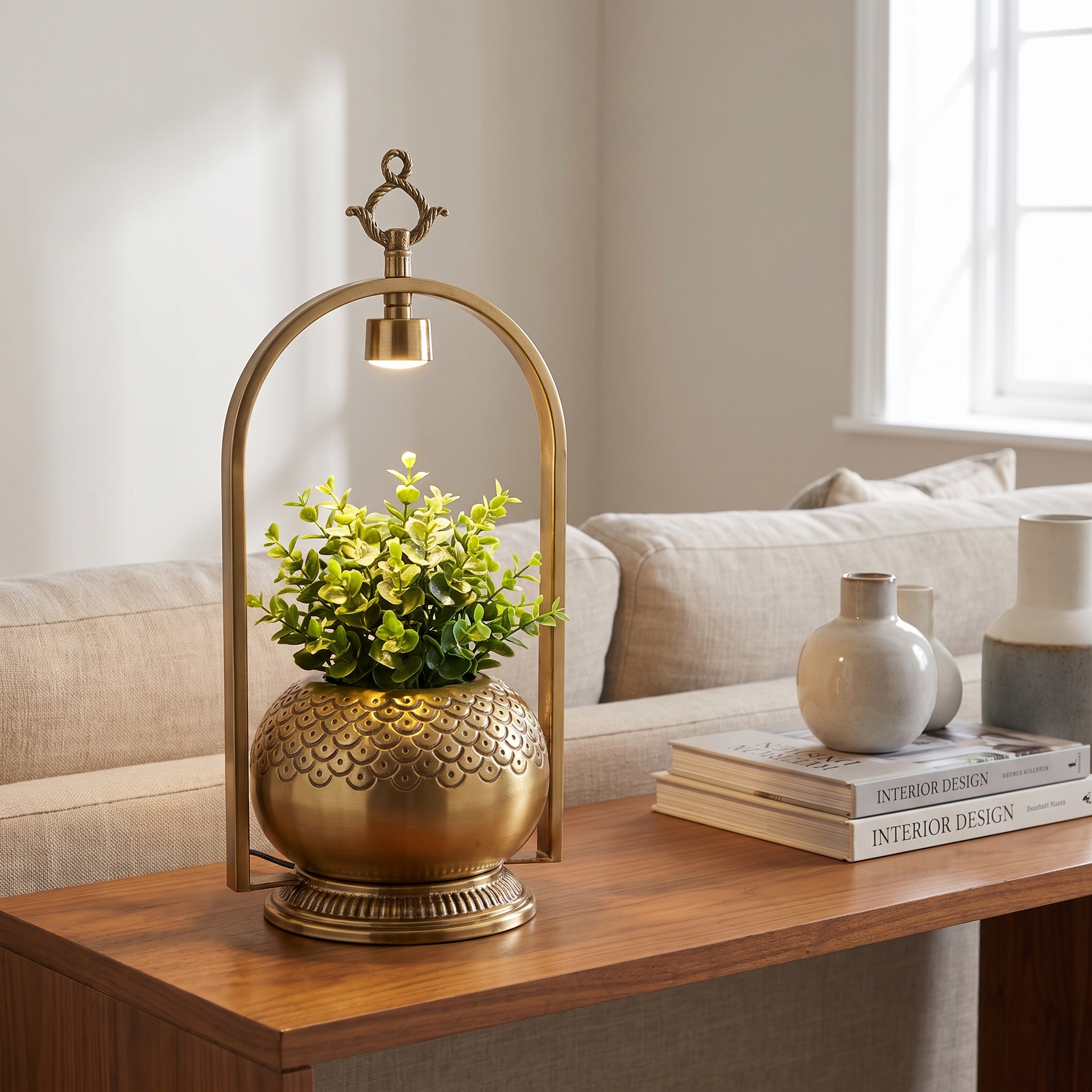 Antique gold illuminated arch planter styled in a warm interior