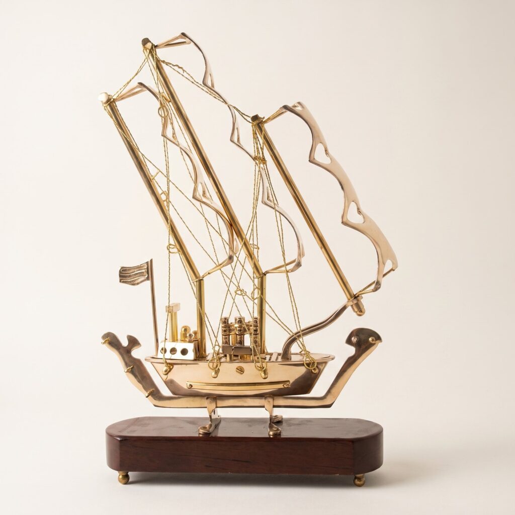 Brass Sailing Ship Sculpture on Wooden Base