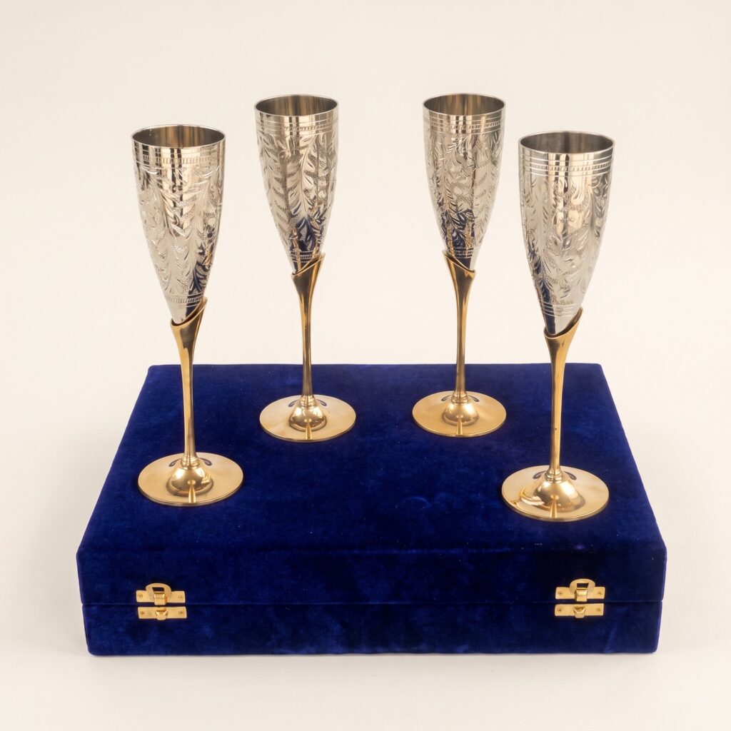 Brass Champagne Flute Set of 4 in Velvet Case
